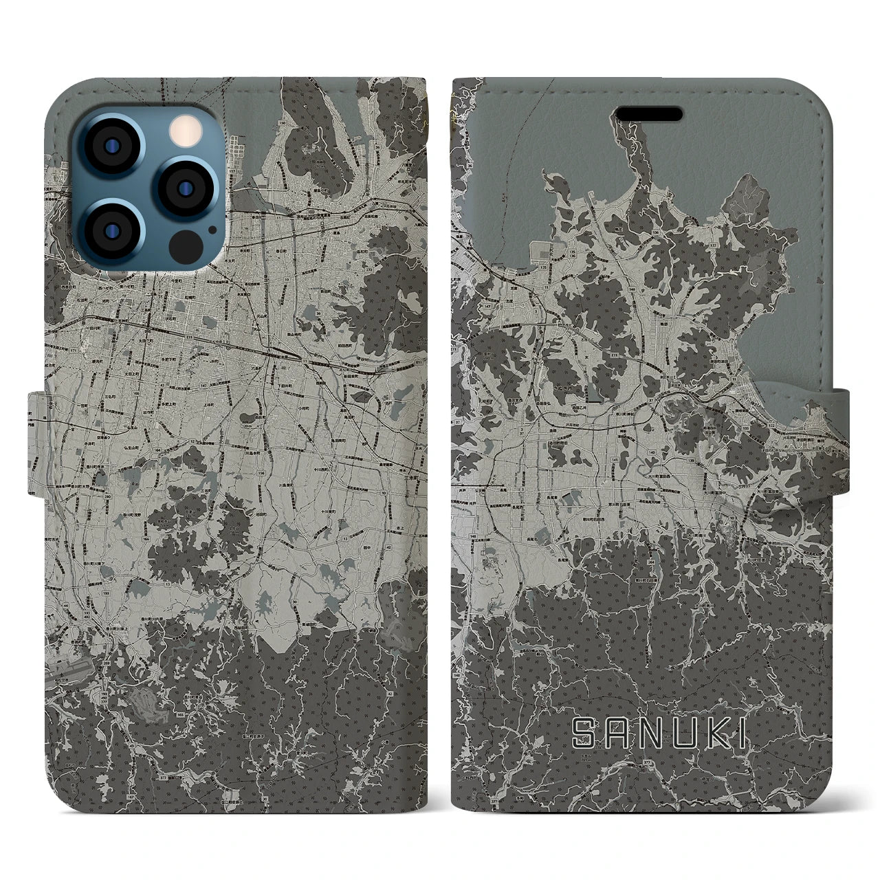 【さぬき(香川県)】地図柄iPhoneケース(手帳タイプ)モノトーン・iPhone 12 / 12 Pro 用