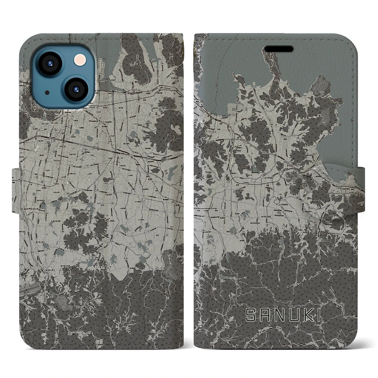 【さぬき(香川県)】地図柄iPhoneケース(手帳タイプ)モノトーン・iPhone 13 用