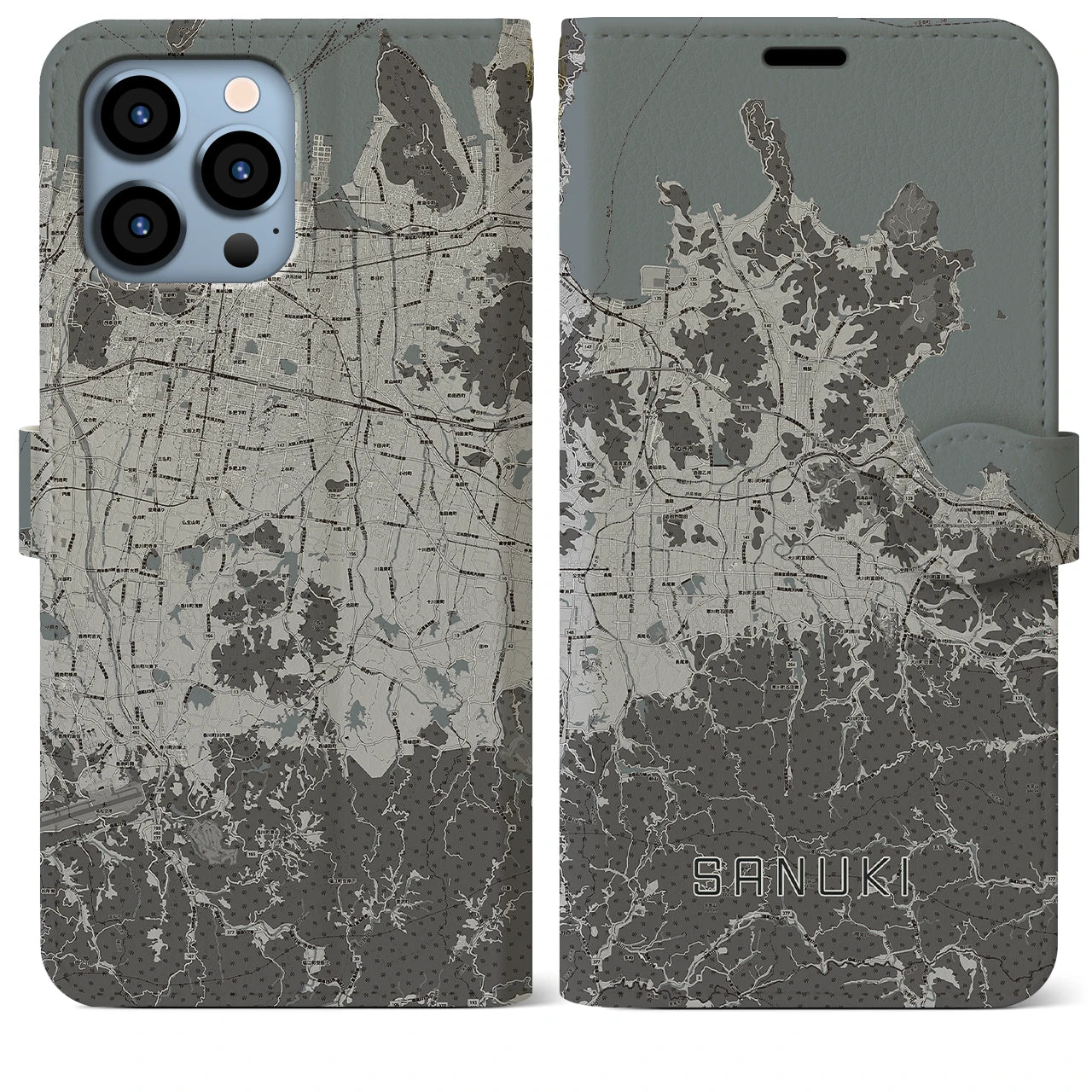 【さぬき(香川県)】地図柄iPhoneケース(手帳タイプ)モノトーン・iPhone 13 Pro Max 用