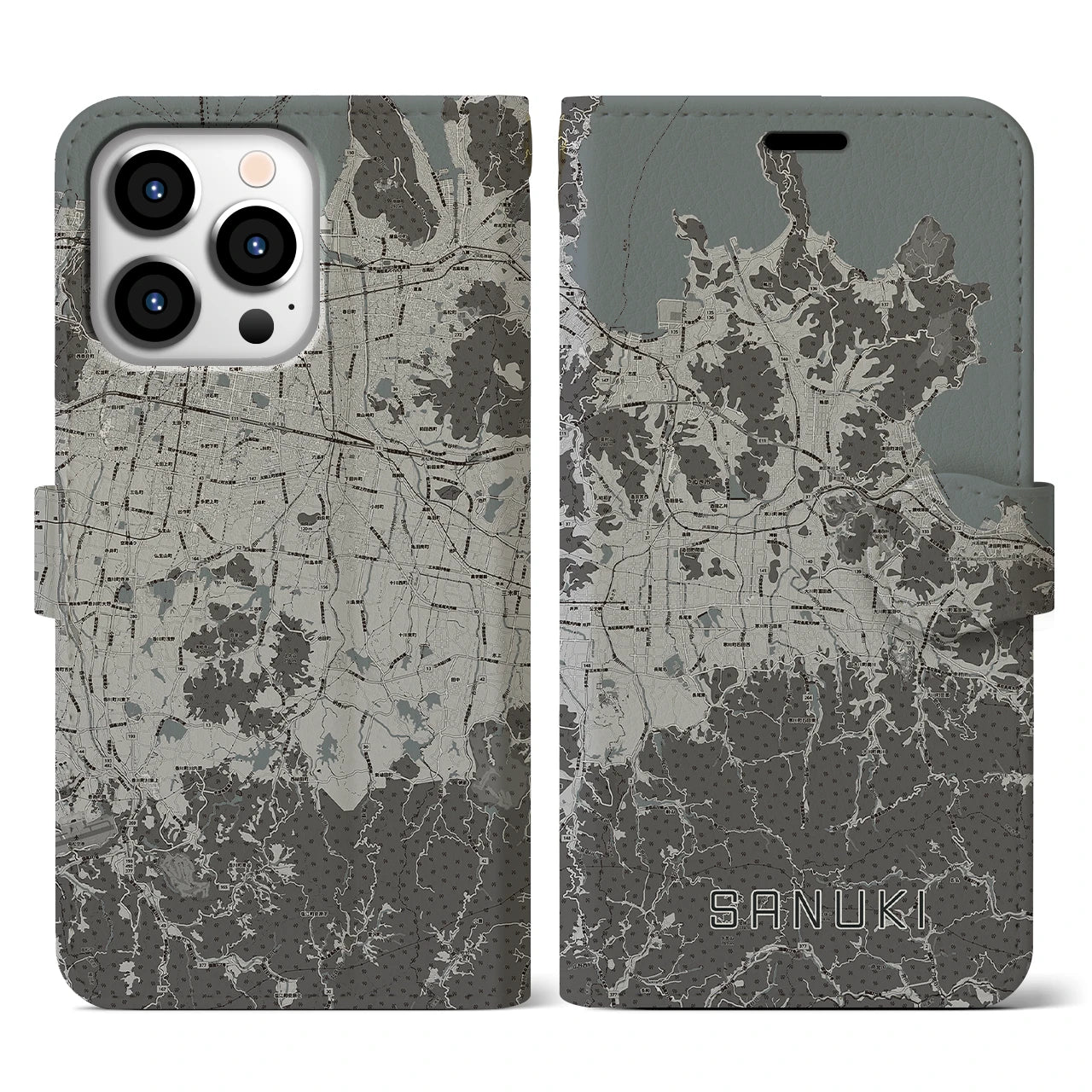 【さぬき(香川県)】地図柄iPhoneケース(手帳タイプ)モノトーン・iPhone 13 Pro 用