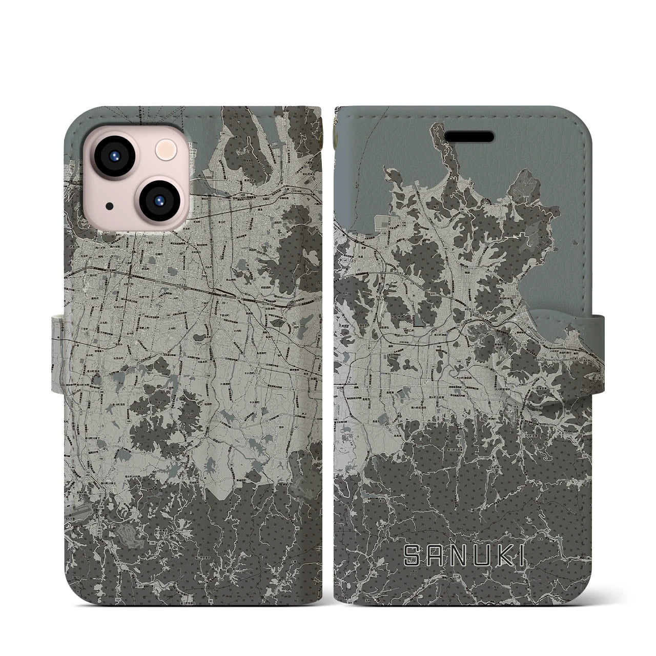 【さぬき(香川県)】地図柄iPhoneケース(手帳タイプ)モノトーン・iPhone 13 mini 用