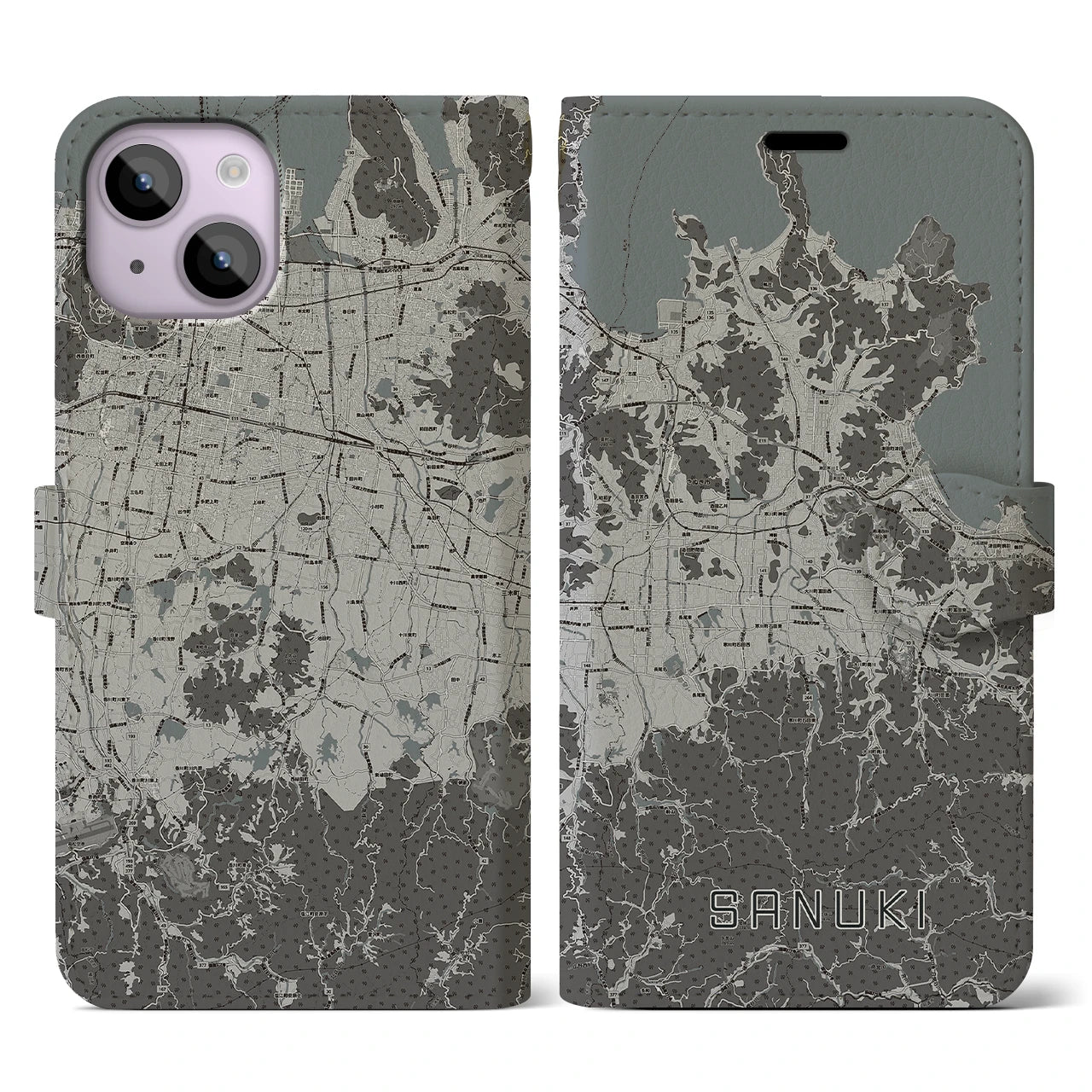 【さぬき(香川県)】地図柄iPhoneケース(手帳タイプ)モノトーン・iPhone 14 用