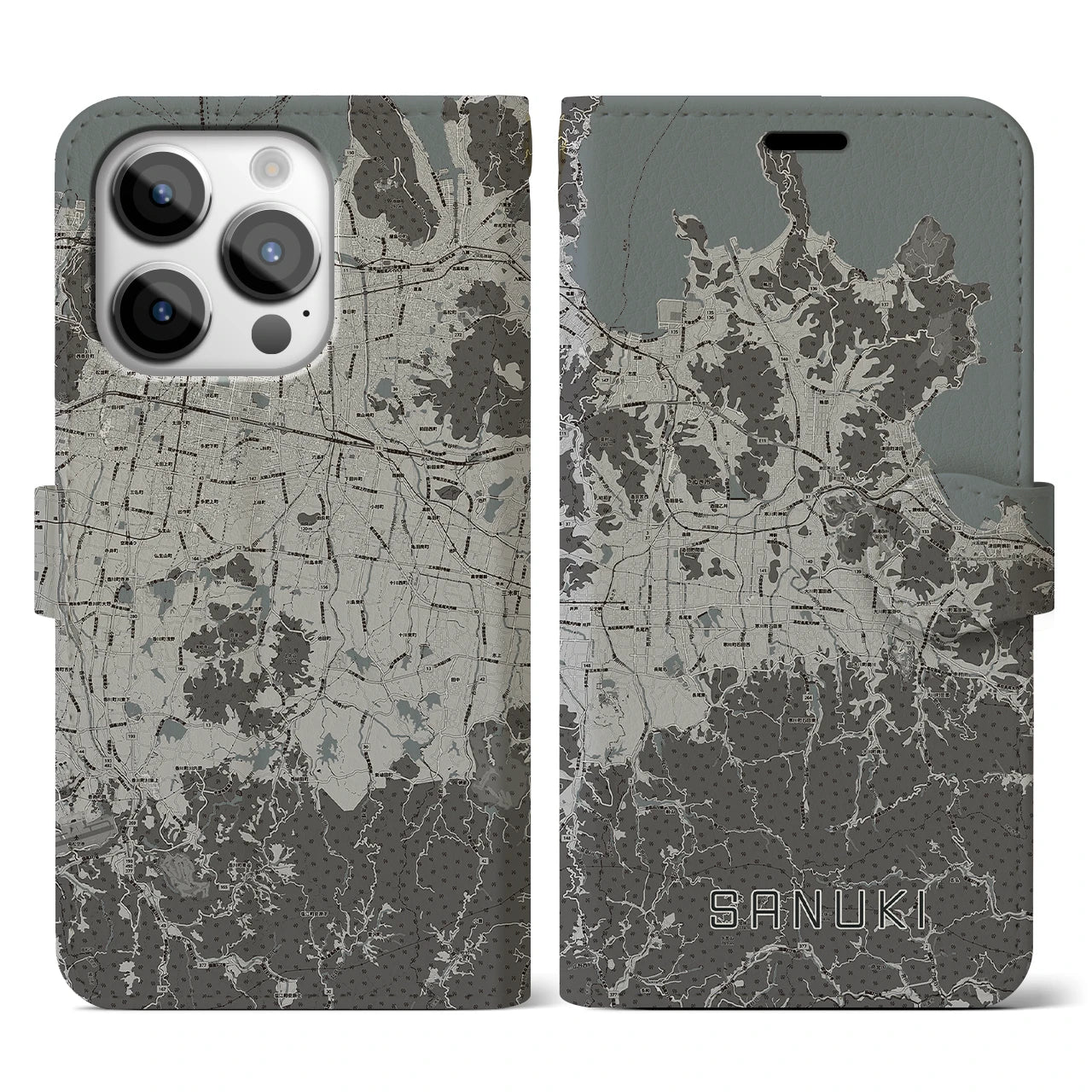 【さぬき(香川県)】地図柄iPhoneケース(手帳タイプ)モノトーン・iPhone 14 Pro 用