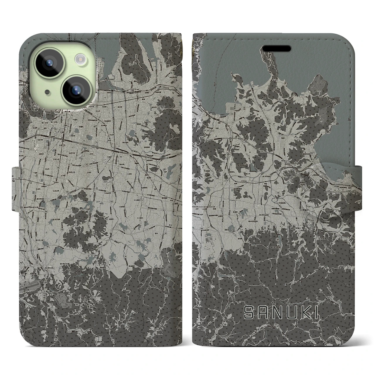 【さぬき(香川県)】地図柄iPhoneケース(手帳タイプ)モノトーン・iPhone 15 用