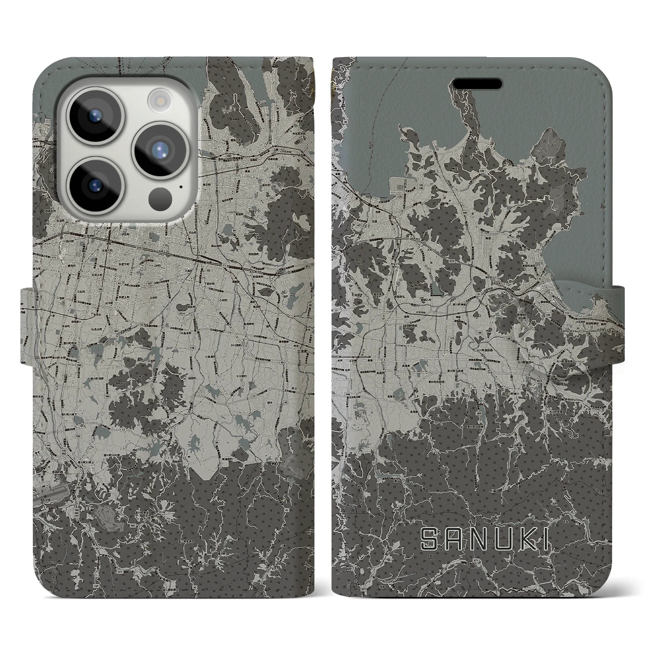 【さぬき(香川県)】地図柄iPhoneケース(手帳タイプ)モノトーン・iPhone 15 Pro 用
