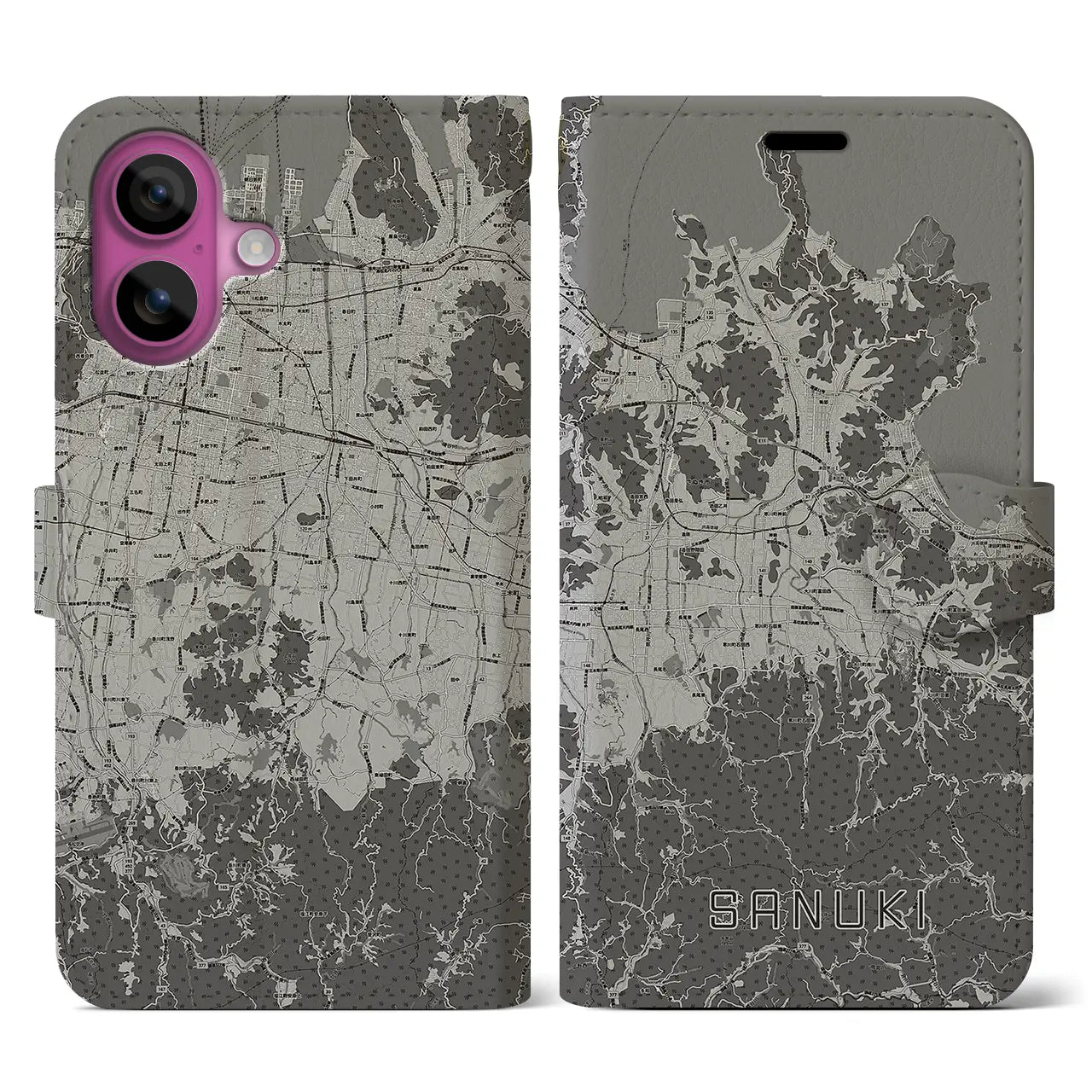 【さぬき(香川県)】地図柄iPhoneケース(手帳タイプ)モノトーン・iPhone 16 Pro 用