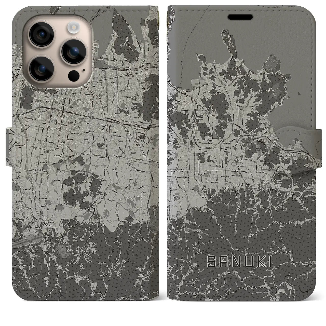 【さぬき(香川県)】地図柄iPhoneケース(手帳タイプ)モノトーン・iPhone 16 Plus 用