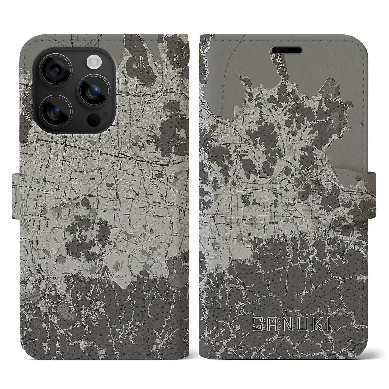 【さぬき(香川県)】地図柄iPhoneケース(手帳タイプ)モノトーン・iPhone 16 用