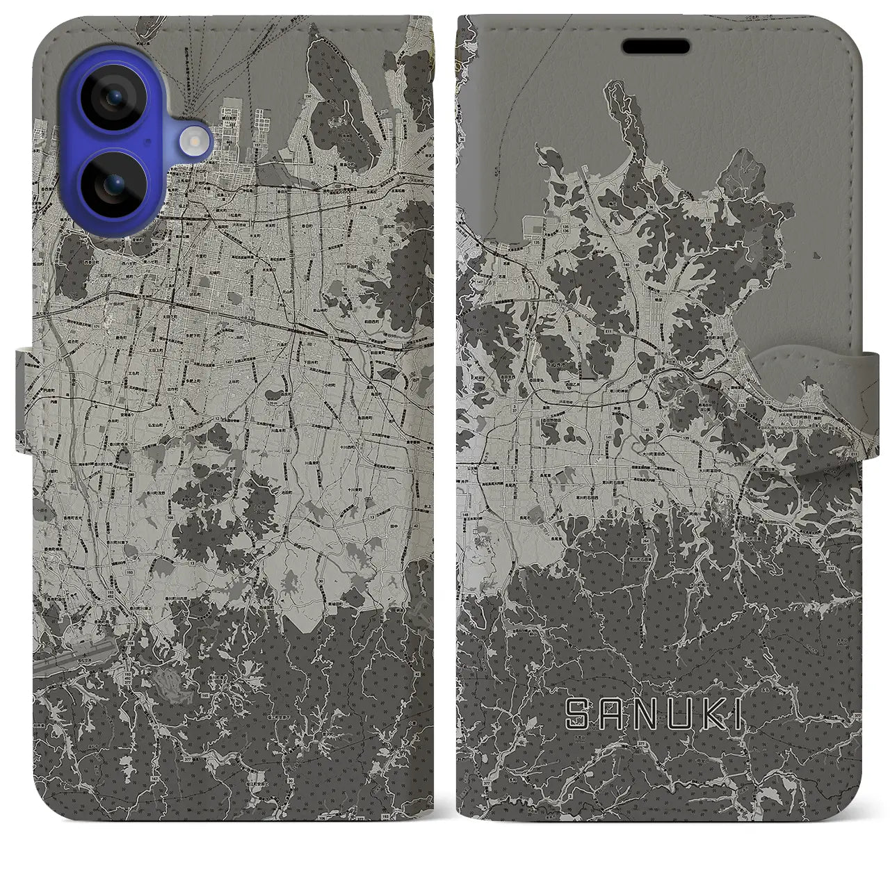 【さぬき(香川県)】地図柄iPhoneケース(手帳タイプ)モノトーン・iPhone 16 Pro Max 用