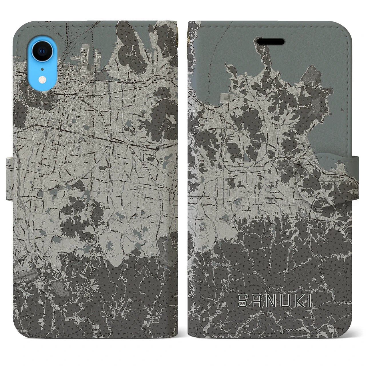 【さぬき(香川県)】地図柄iPhoneケース(手帳タイプ)モノトーン・iPhone XR 用