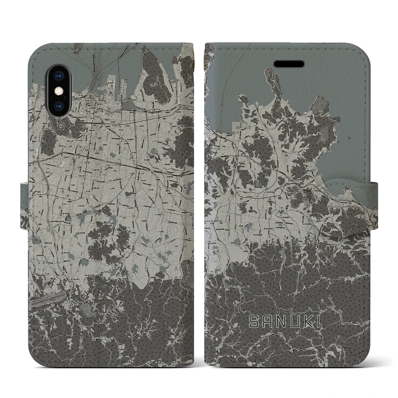 【さぬき(香川県)】地図柄iPhoneケース(手帳タイプ)モノトーン・iPhone XS / X 用