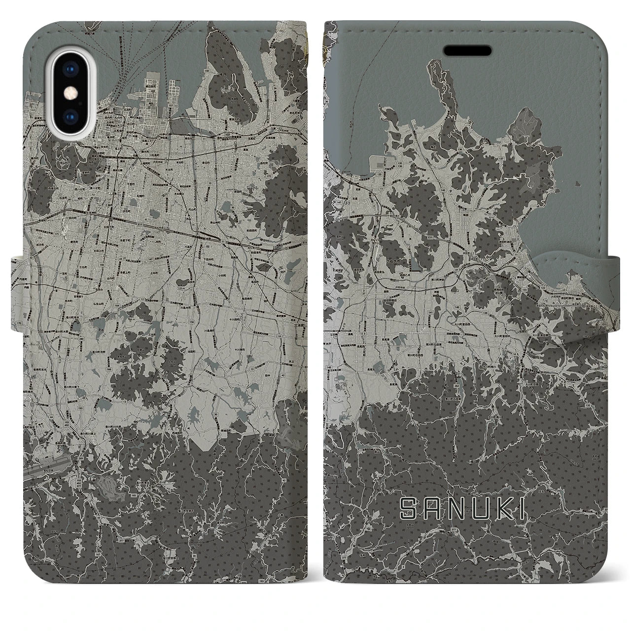 【さぬき(香川県)】地図柄iPhoneケース(手帳タイプ)モノトーン・iPhone XS Max 用