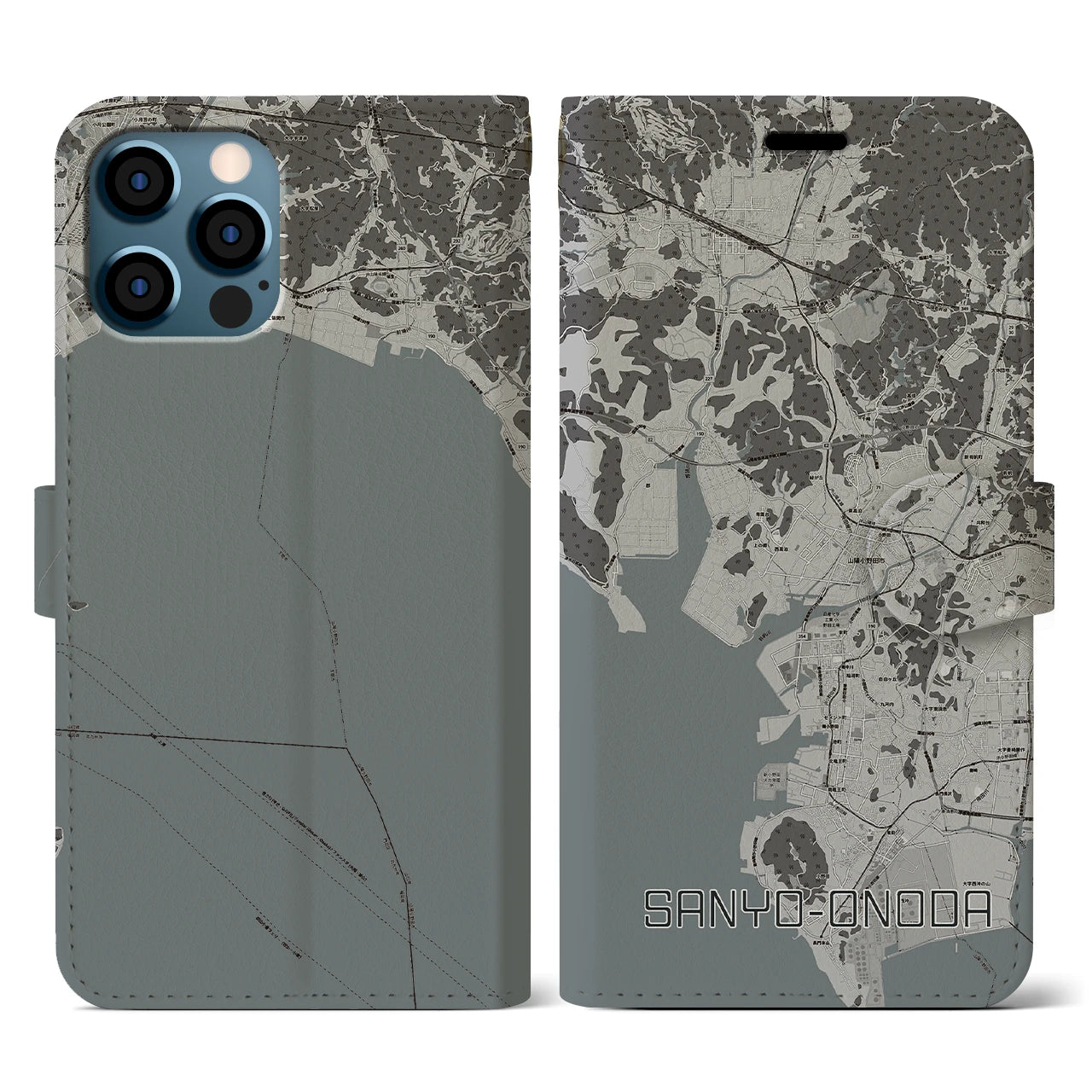 【山陽小野田(山口県)】地図柄iPhoneケース(手帳タイプ)モノトーン・iPhone 12 / 12 Pro 用
