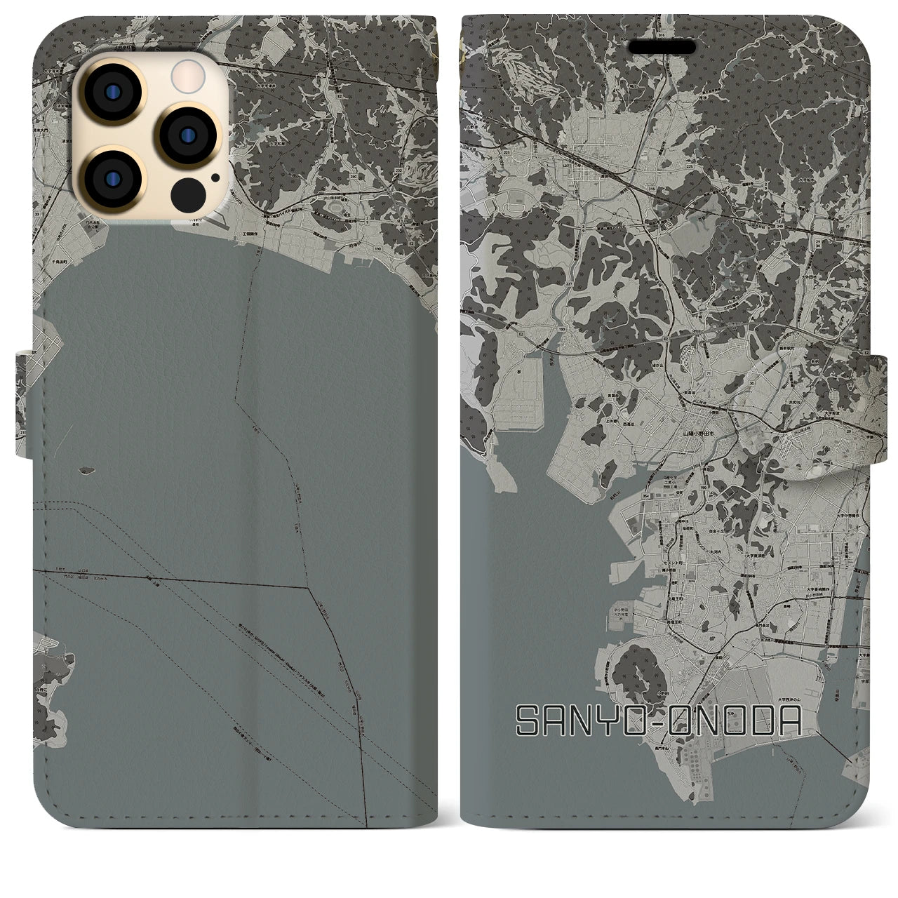 【山陽小野田(山口県)】地図柄iPhoneケース(手帳タイプ)モノトーン・iPhone 12 Pro Max 用