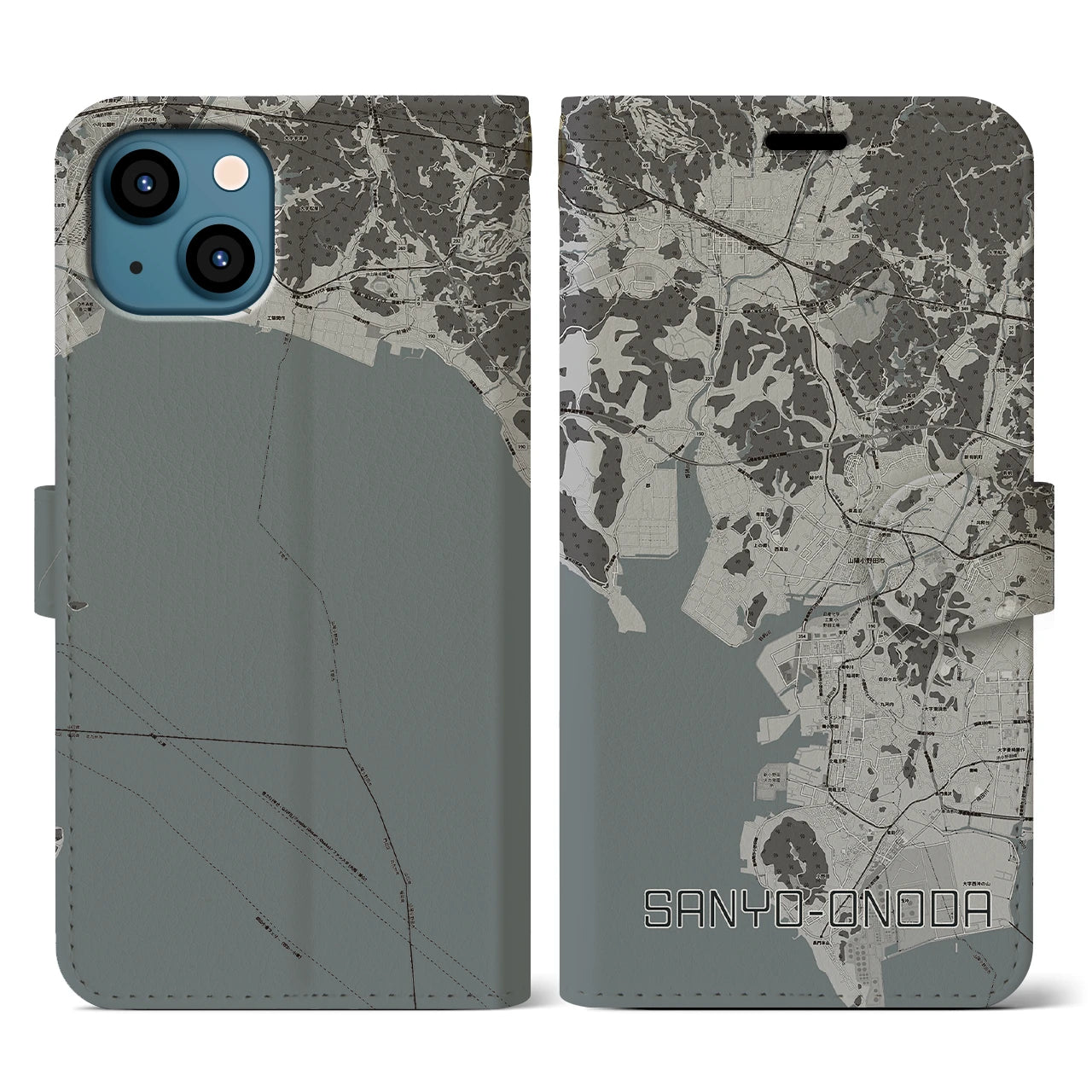 【山陽小野田(山口県)】地図柄iPhoneケース(手帳タイプ)モノトーン・iPhone 13 用