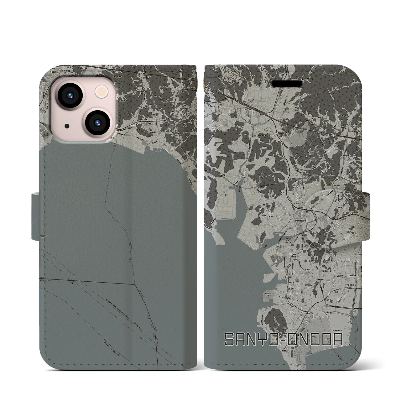 【山陽小野田(山口県)】地図柄iPhoneケース(手帳タイプ)モノトーン・iPhone 13 mini 用
