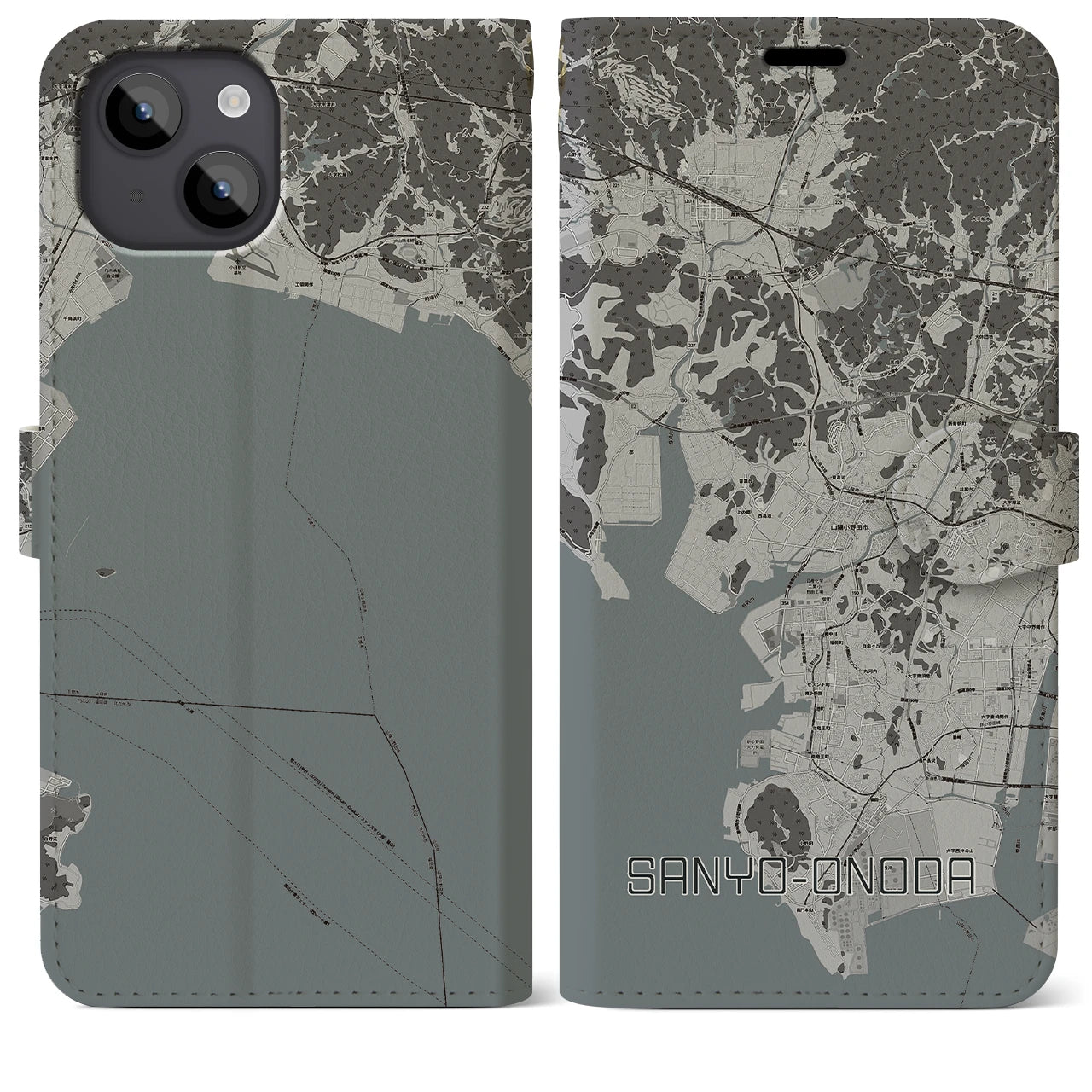 【山陽小野田(山口県)】地図柄iPhoneケース(手帳タイプ)モノトーン・iPhone 14 Plus 用