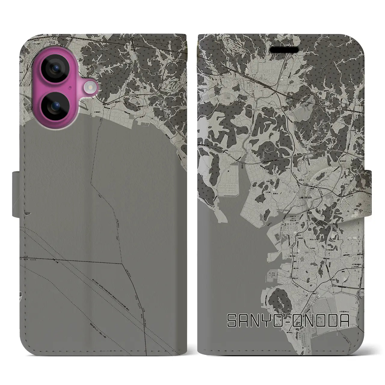 【山陽小野田(山口県)】地図柄iPhoneケース(手帳タイプ)モノトーン・iPhone 16 Pro 用