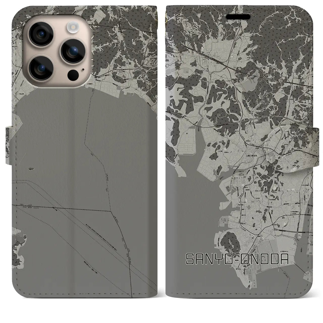 【山陽小野田(山口県)】地図柄iPhoneケース(手帳タイプ)モノトーン・iPhone 16 Plus 用