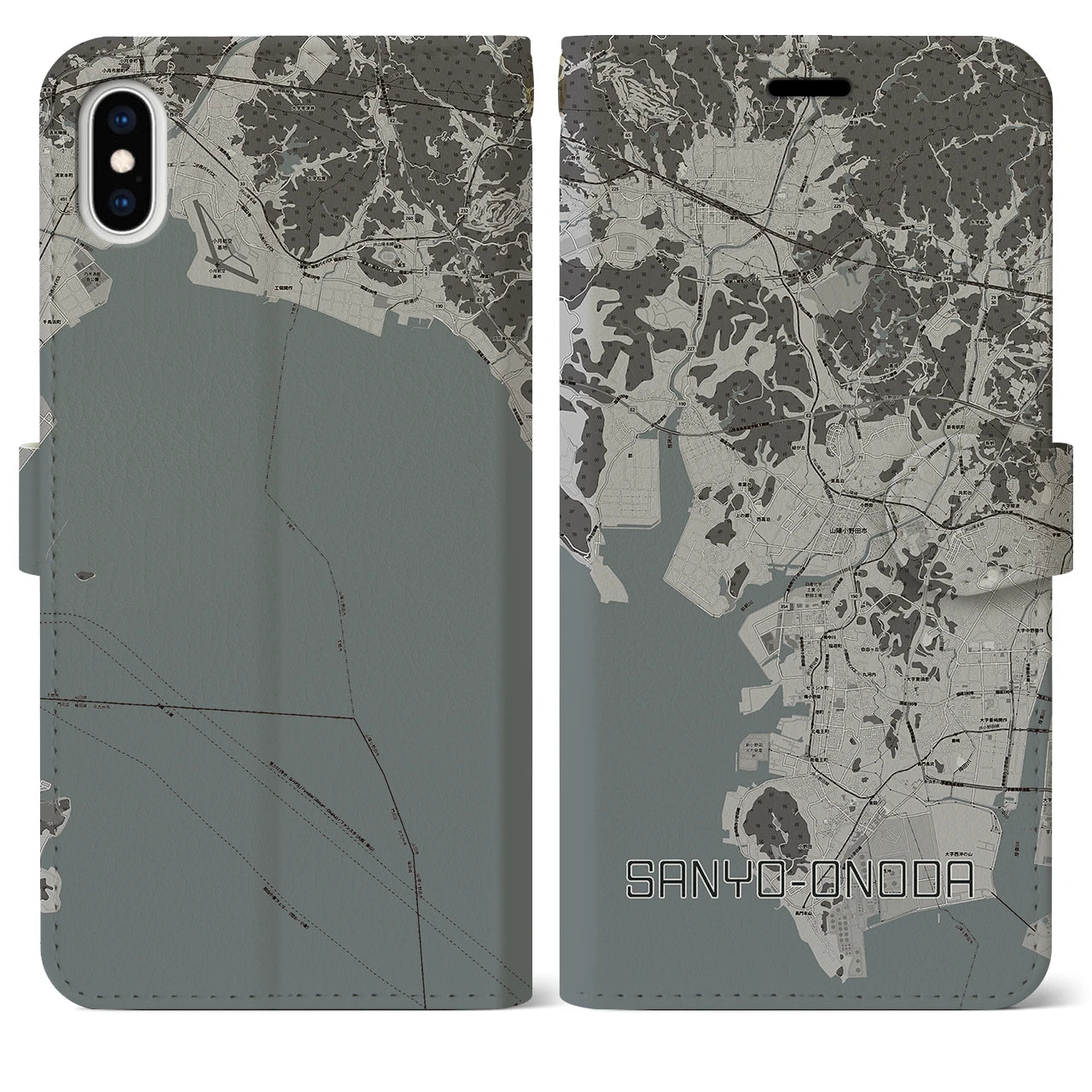 【山陽小野田(山口県)】地図柄iPhoneケース(手帳タイプ)モノトーン・iPhone XS Max 用