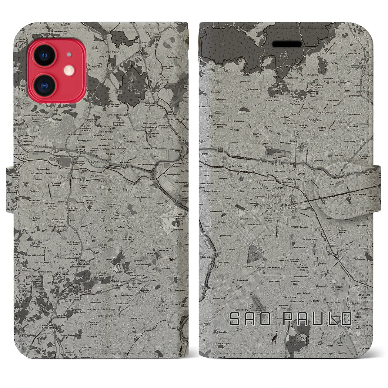 【サンパウロ(ブラジル)】地図柄iPhoneケース(手帳タイプ)モノトーン・iPhone 11 用