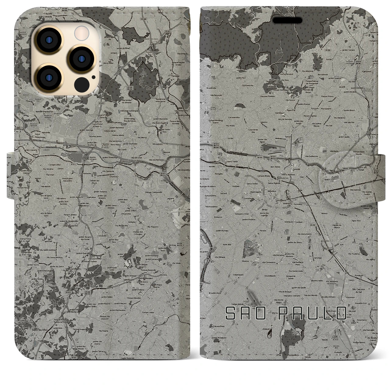 【サンパウロ(ブラジル)】地図柄iPhoneケース(手帳タイプ)モノトーン・iPhone 12 Pro Max 用