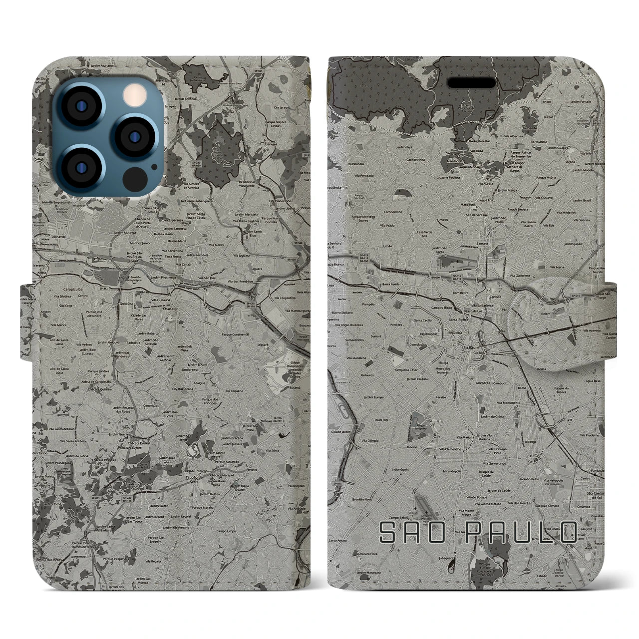 【サンパウロ(ブラジル)】地図柄iPhoneケース(手帳タイプ)モノトーン・iPhone 12 / 12 Pro 用