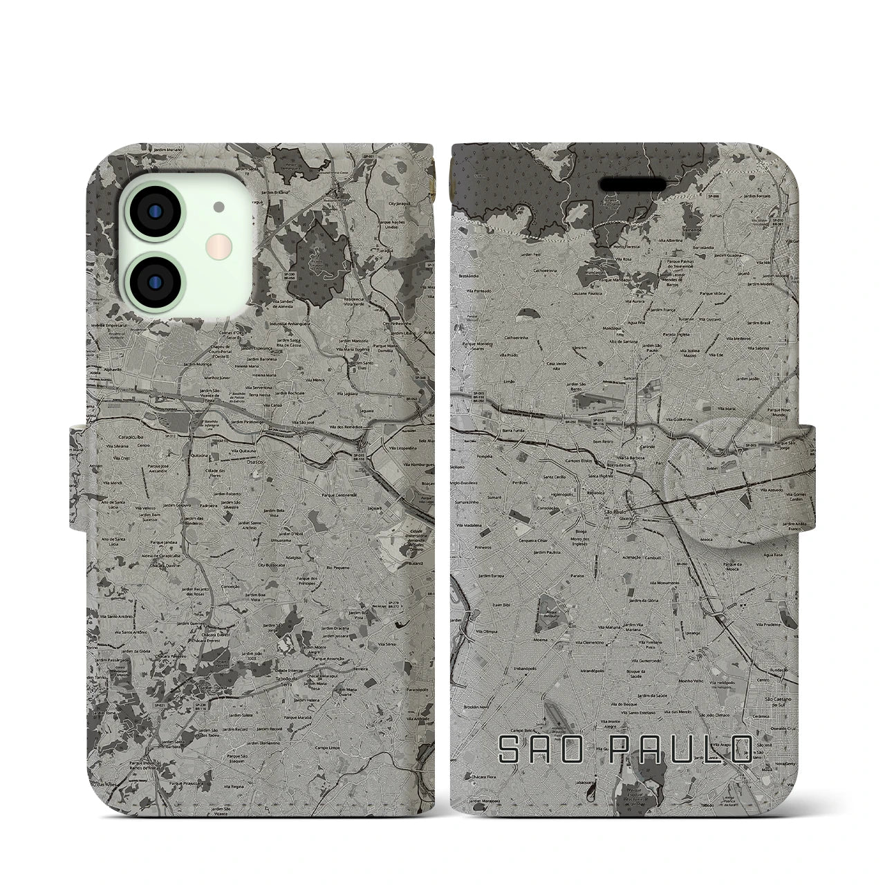【サンパウロ(ブラジル)】地図柄iPhoneケース(手帳タイプ)モノトーン・iPhone 12 mini 用