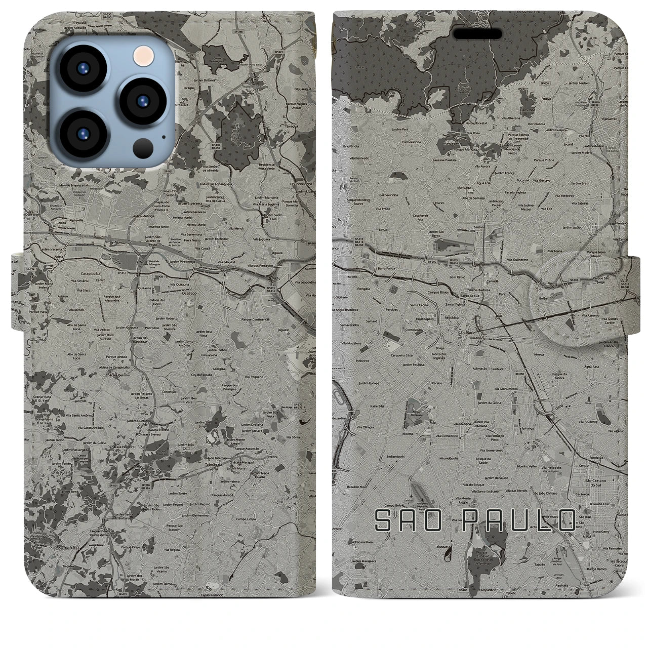 【サンパウロ(ブラジル)】地図柄iPhoneケース(手帳タイプ)モノトーン・iPhone 13 Pro Max 用