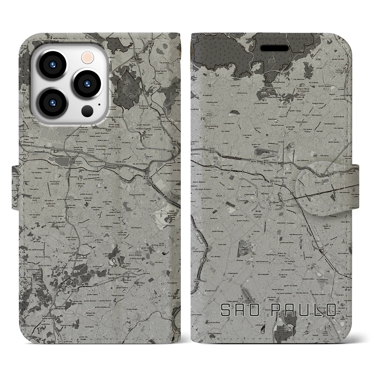 【サンパウロ(ブラジル)】地図柄iPhoneケース(手帳タイプ)モノトーン・iPhone 13 Pro 用