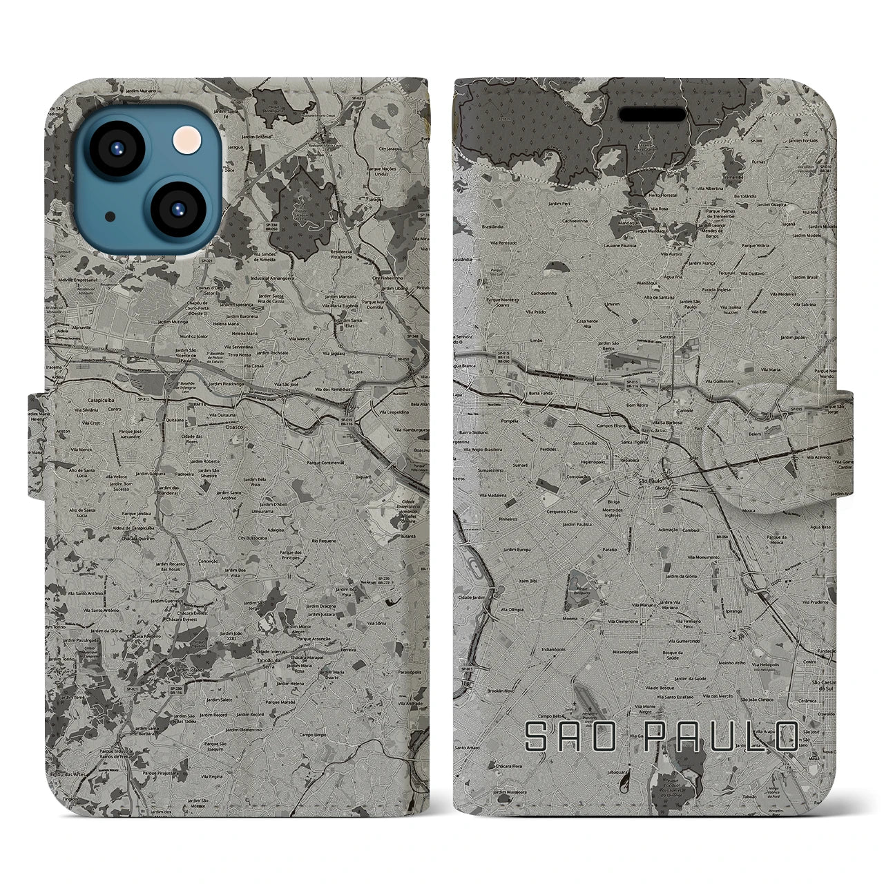 【サンパウロ(ブラジル)】地図柄iPhoneケース(手帳タイプ)モノトーン・iPhone 13 用