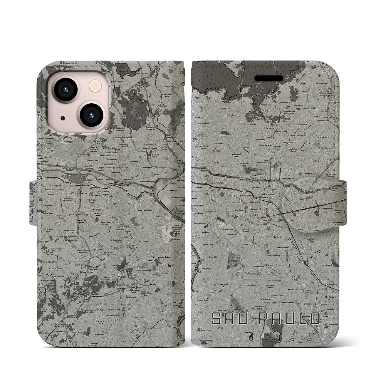 【サンパウロ(ブラジル)】地図柄iPhoneケース(手帳タイプ)モノトーン・iPhone 13 mini 用
