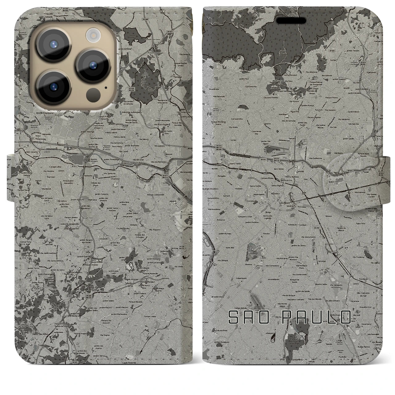 【サンパウロ(ブラジル)】地図柄iPhoneケース(手帳タイプ)モノトーン・iPhone 14 Pro Max 用