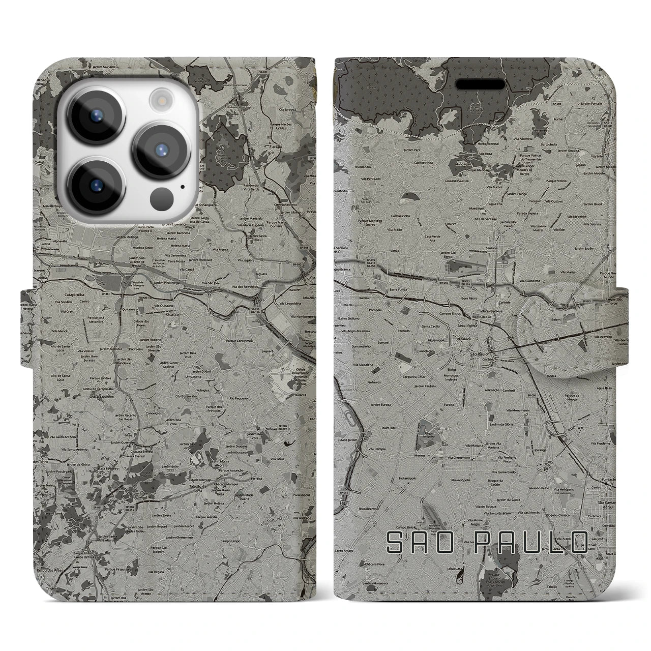 【サンパウロ(ブラジル)】地図柄iPhoneケース(手帳タイプ)モノトーン・iPhone 14 Pro 用