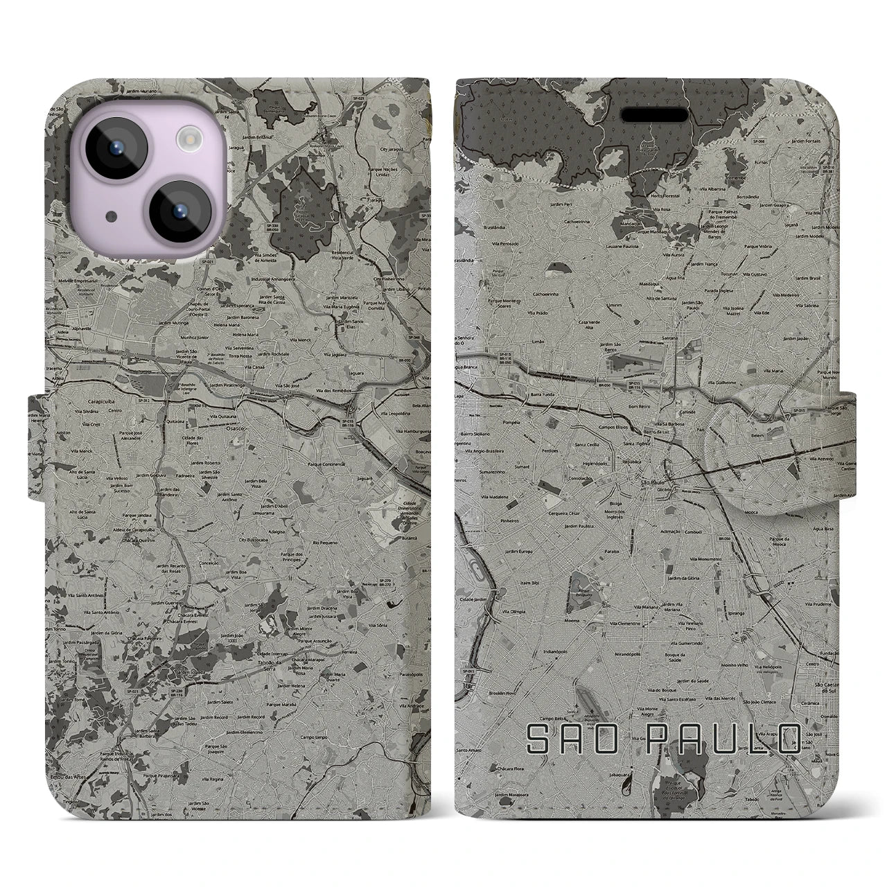 【サンパウロ(ブラジル)】地図柄iPhoneケース(手帳タイプ)モノトーン・iPhone 14 用