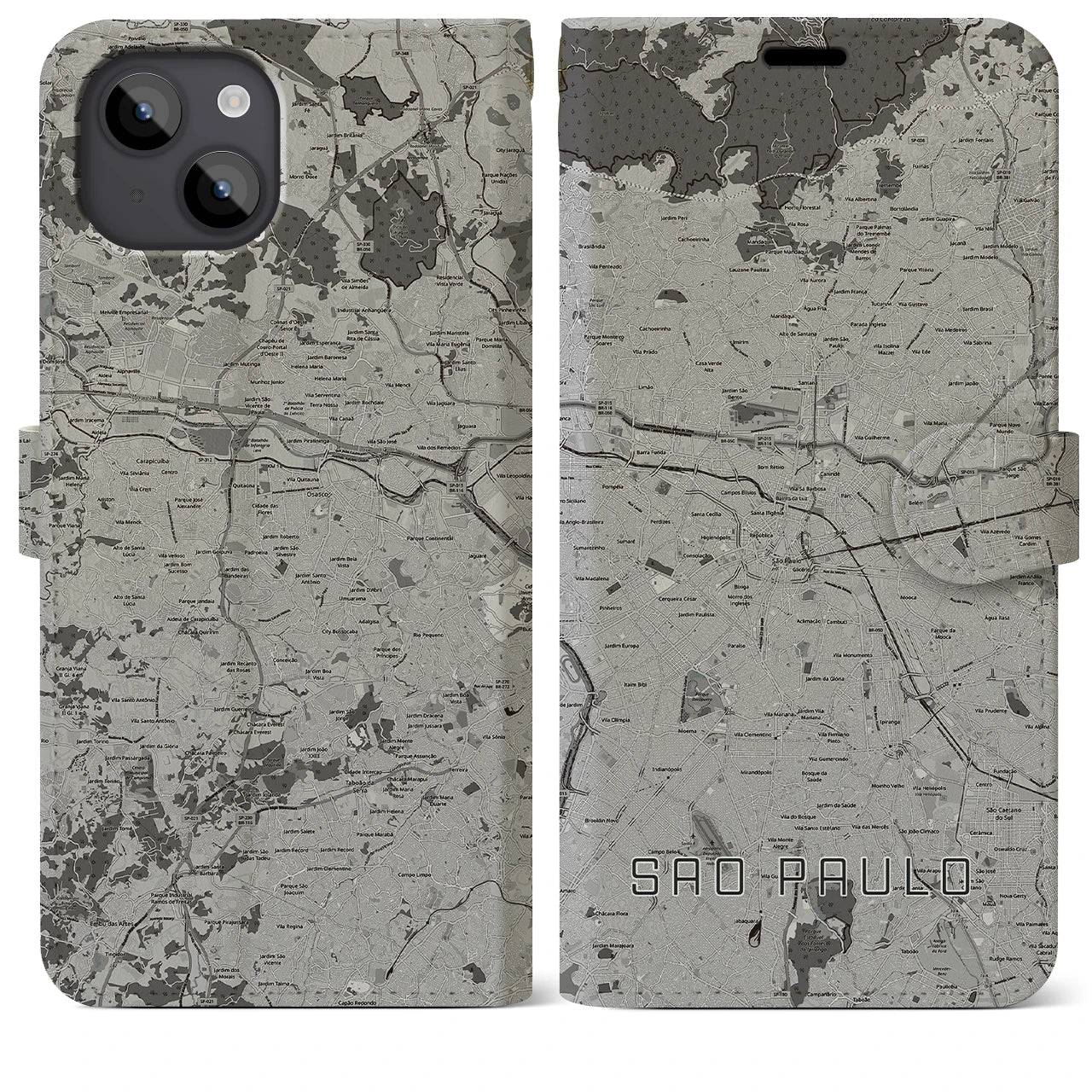 【サンパウロ(ブラジル)】地図柄iPhoneケース(手帳タイプ)モノトーン・iPhone 14 Plus 用