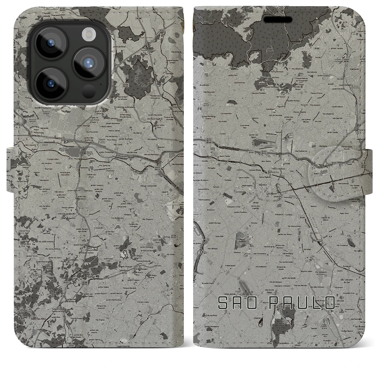 【サンパウロ(ブラジル)】地図柄iPhoneケース(手帳タイプ)モノトーン・iPhone 15 Pro Max 用