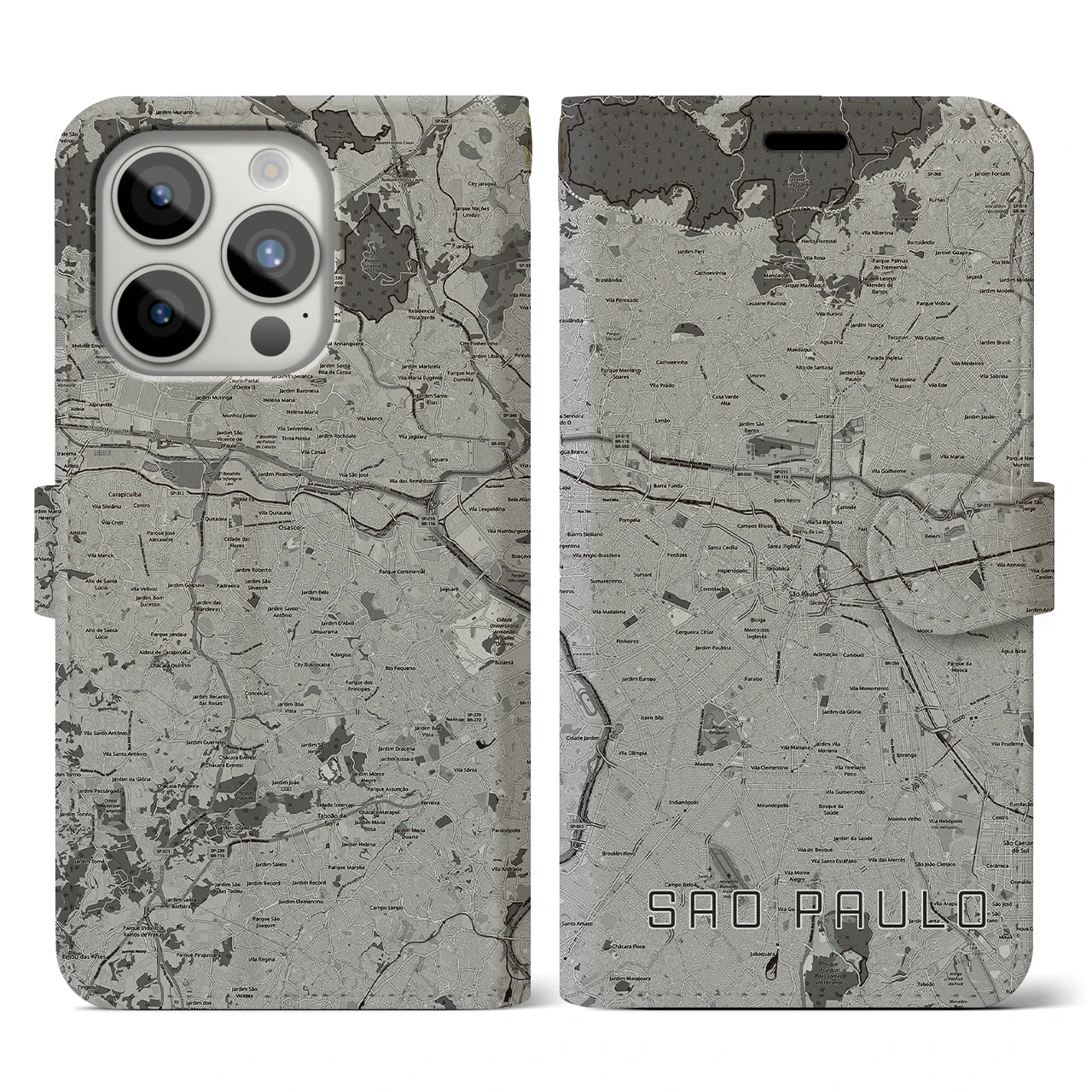 【サンパウロ(ブラジル)】地図柄iPhoneケース(手帳タイプ)モノトーン・iPhone 15 Pro 用