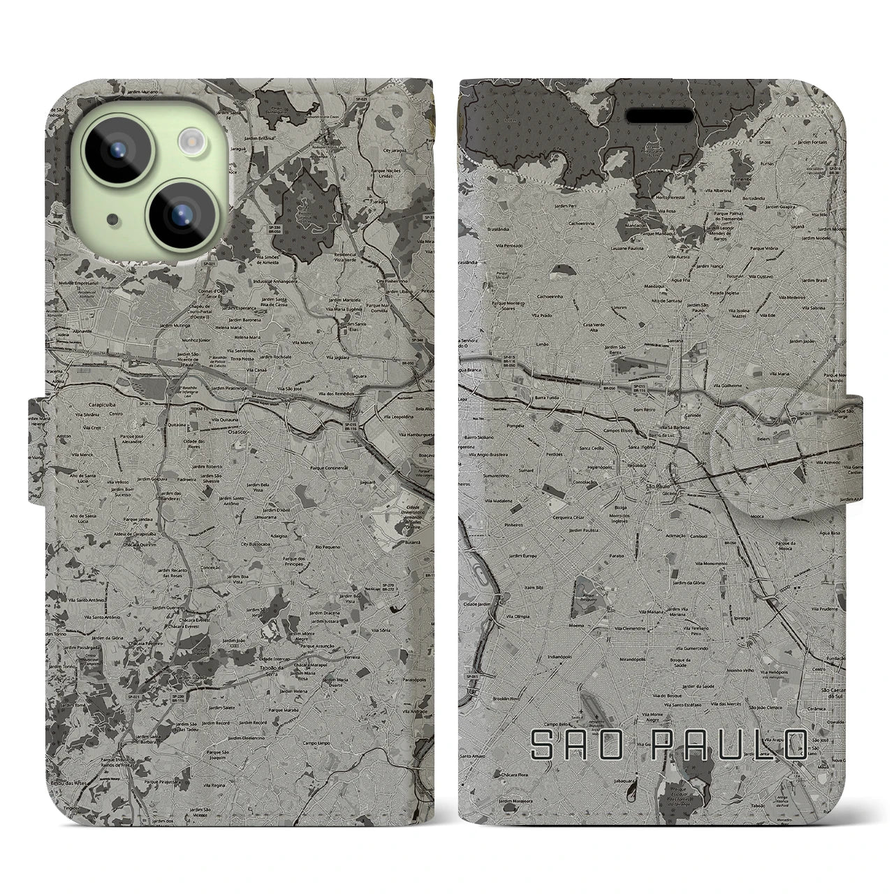 【サンパウロ(ブラジル)】地図柄iPhoneケース(手帳タイプ)モノトーン・iPhone 15 用
