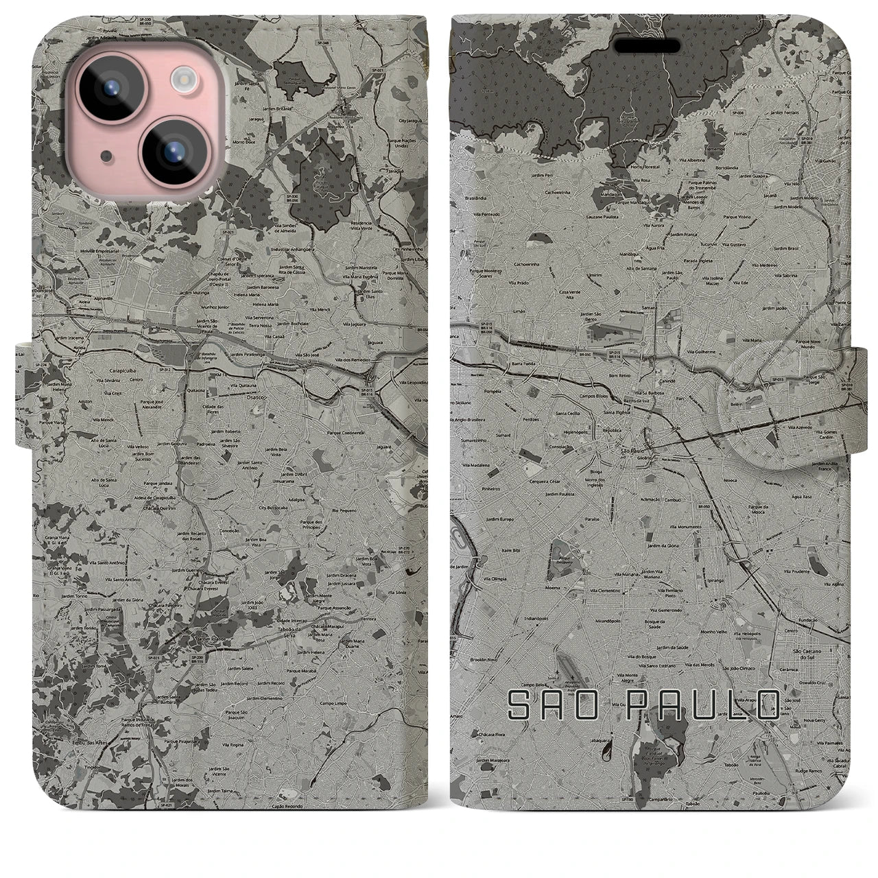 【サンパウロ(ブラジル)】地図柄iPhoneケース(手帳タイプ)モノトーン・iPhone 15 Plus 用