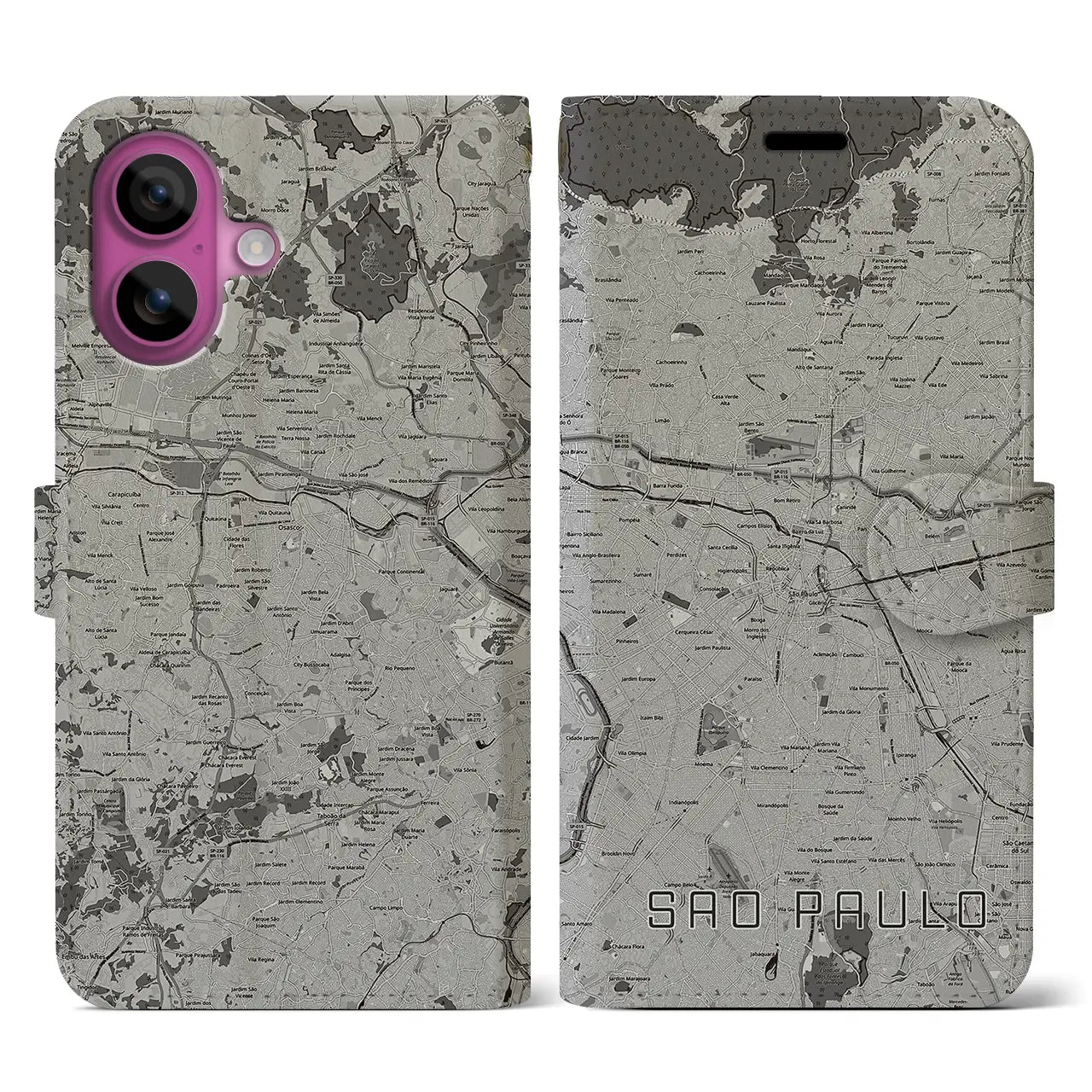 【サンパウロ(ブラジル)】地図柄iPhoneケース(手帳タイプ)モノトーン・iPhone 16 Pro 用