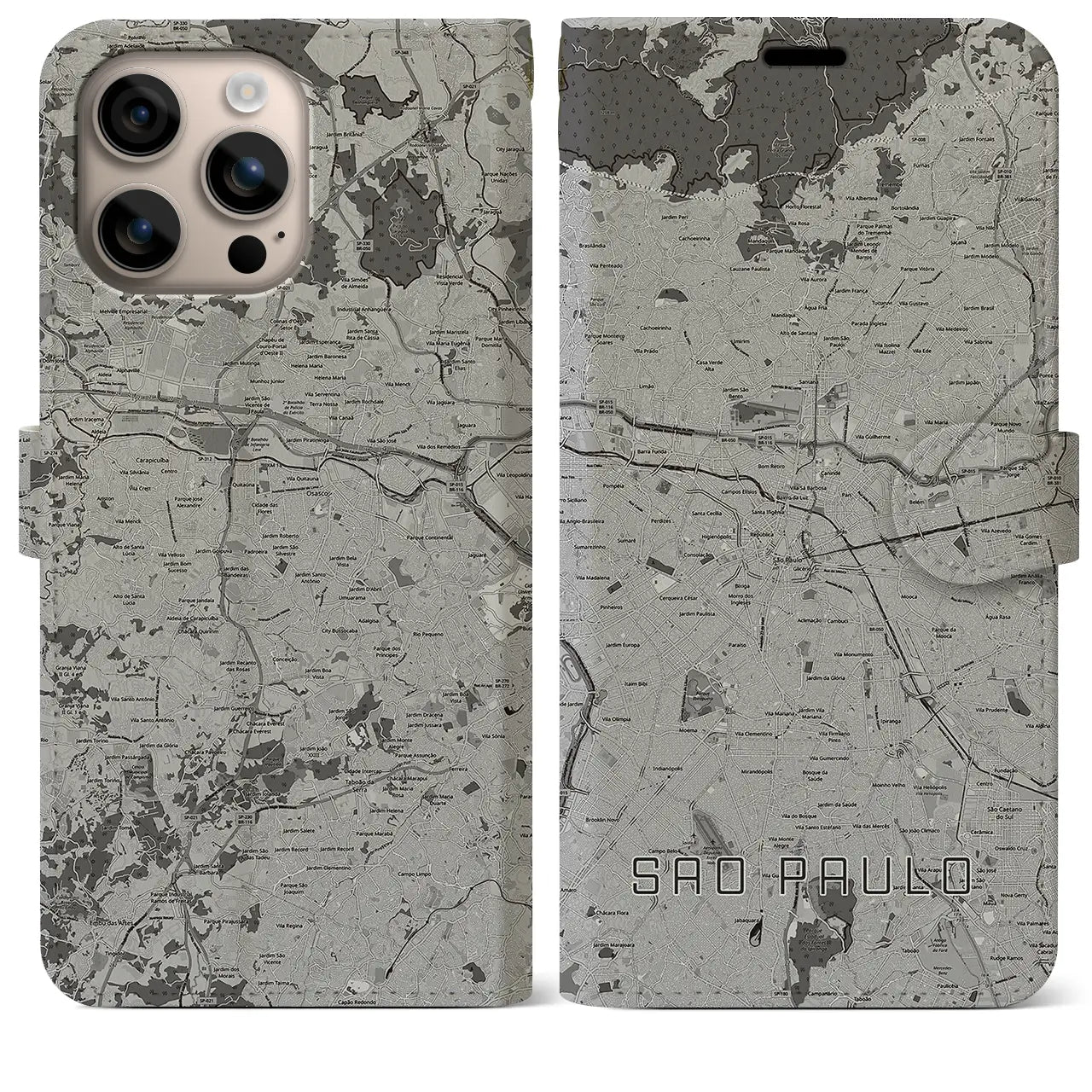 【サンパウロ(ブラジル)】地図柄iPhoneケース(手帳タイプ)モノトーン・iPhone 16 Plus 用