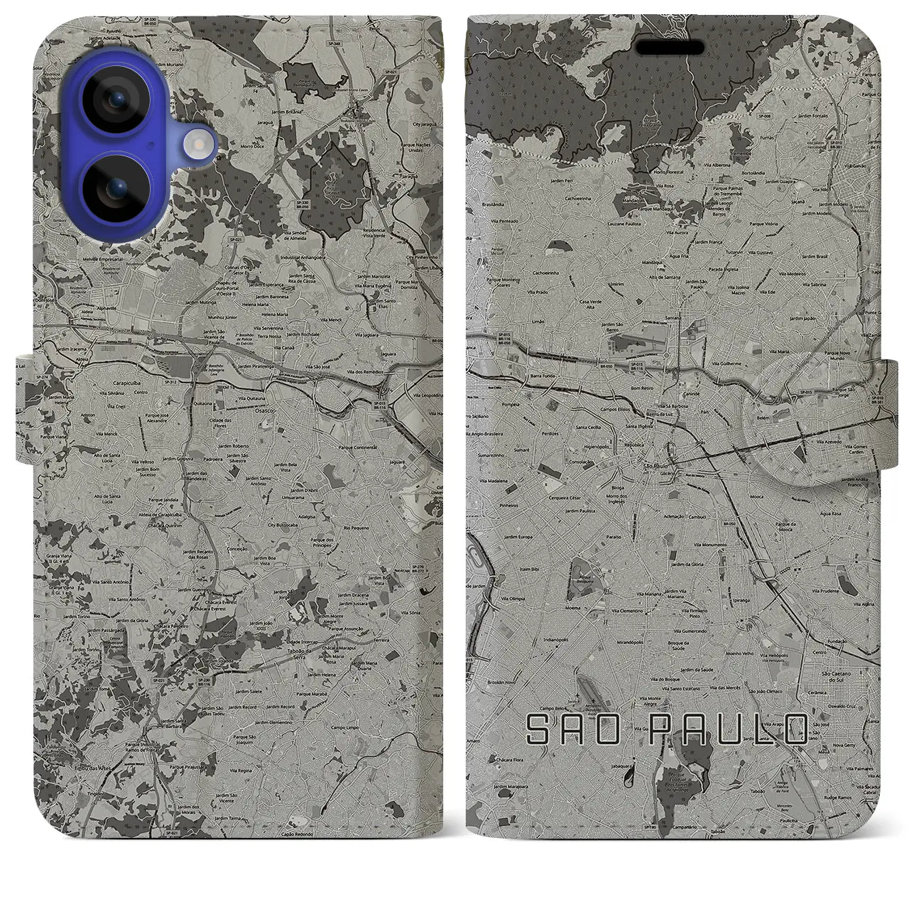 【サンパウロ(ブラジル)】地図柄iPhoneケース(手帳タイプ)モノトーン・iPhone 16 Pro Max 用