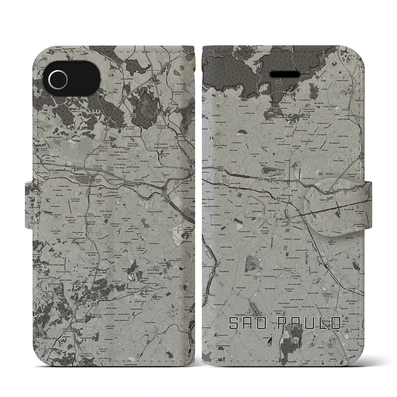 【サンパウロ(ブラジル)】地図柄iPhoneケース(手帳タイプ)モノトーン・iPhone SE(第3 / 第2世代) / 8 / 7 / 6s / 6 用