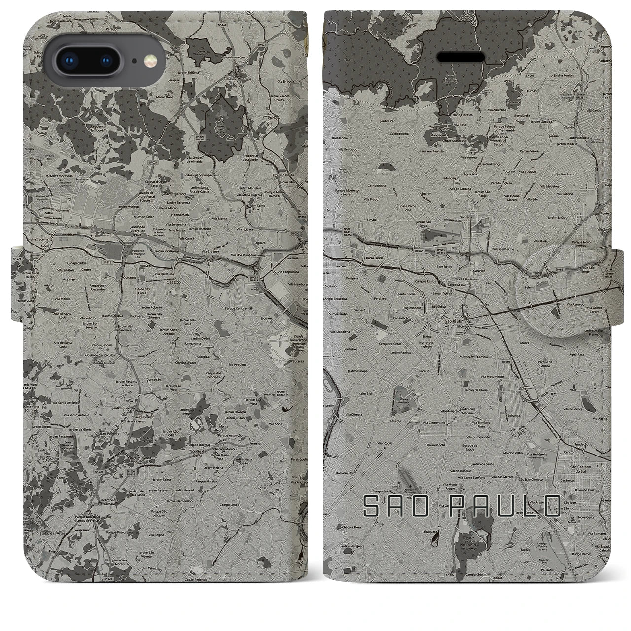 【サンパウロ(ブラジル)】地図柄iPhoneケース(手帳タイプ)モノトーン・iPhone 8Plus /7Plus / 6sPlus / 6Plus 用