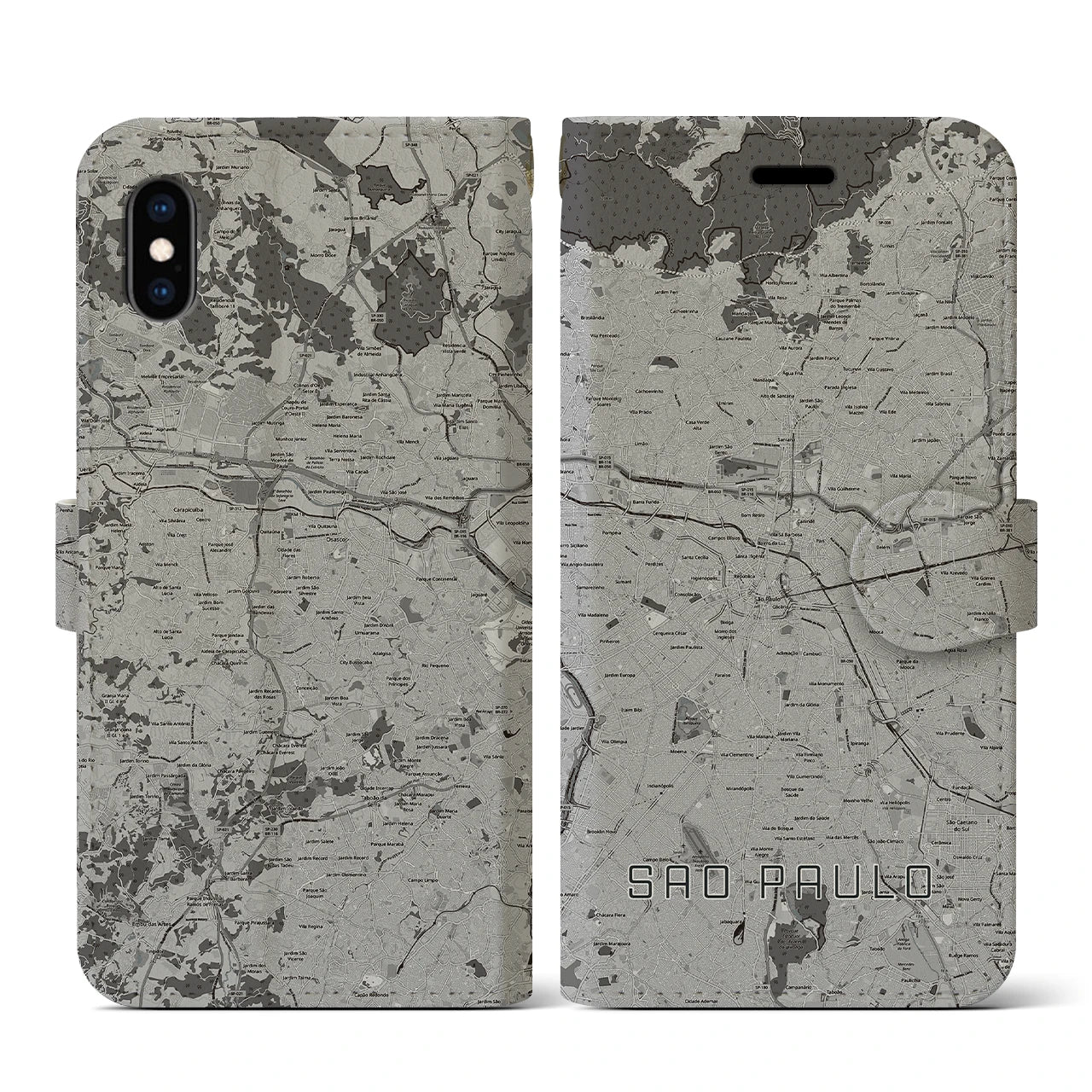 【サンパウロ(ブラジル)】地図柄iPhoneケース(手帳タイプ)モノトーン・iPhone XS / X 用