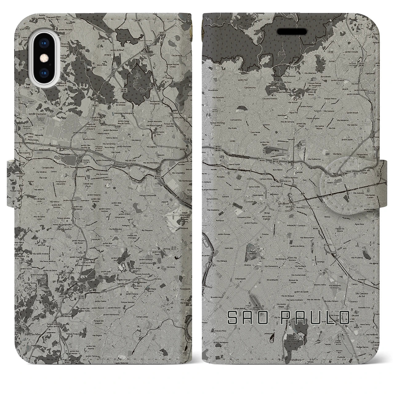 【サンパウロ(ブラジル)】地図柄iPhoneケース(手帳タイプ)モノトーン・iPhone XS Max 用
