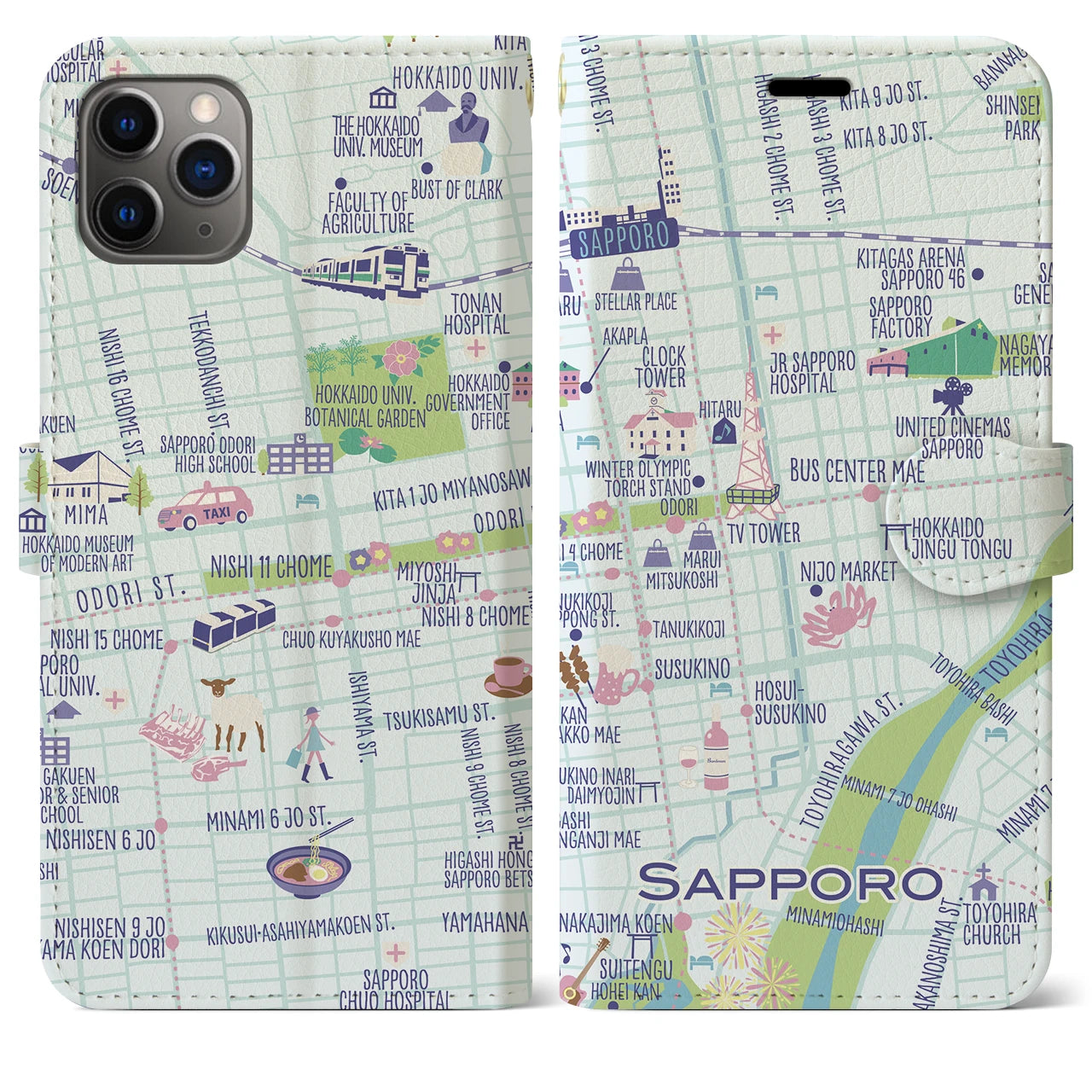 【札幌(イラスト)】イラストマップiPhoneケース(手帳タイプ)ブライト・iPhone 11 Pro Max 用