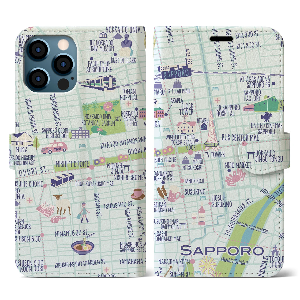 【札幌(イラスト)】イラストマップiPhoneケース(手帳タイプ)ブライト・iPhone 12 / 12 Pro 用