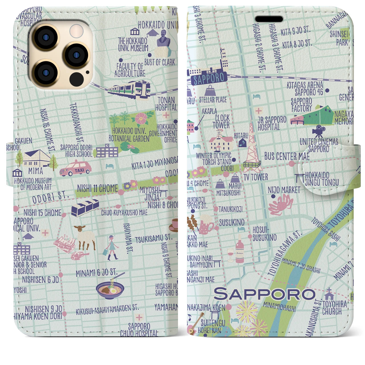【札幌(イラスト)】イラストマップiPhoneケース(手帳タイプ)ブライト・iPhone 12 Pro Max 用